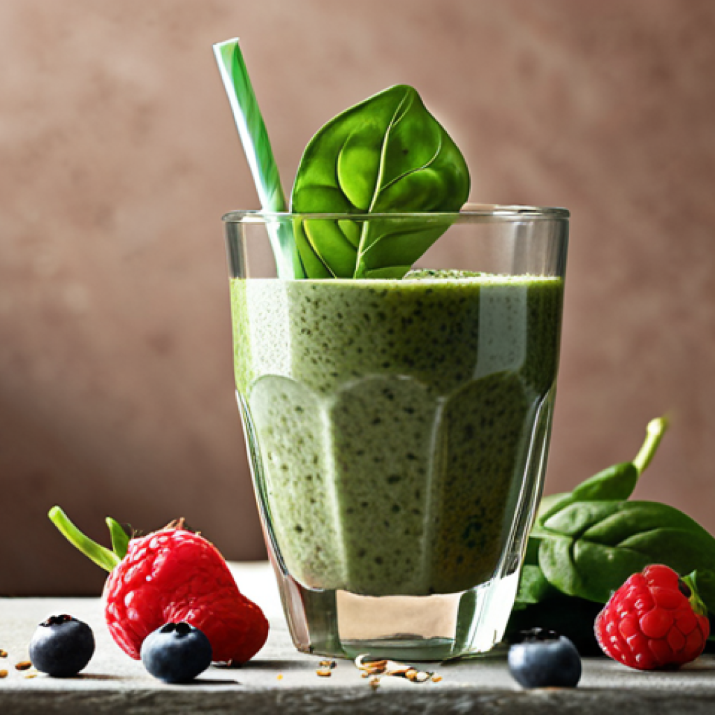 **A vibrant, low-calorie smoothie with spinach, flax seeds, and mixed berries in a clear glass, emphasizing its natural ingredients. Soft, diffused lighting to highlight the textures.**