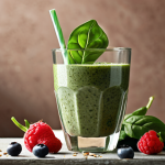 **A vibrant, low-calorie smoothie with spinach, flax seeds, and mixed berries in a clear glass, emphasizing its natural ingredients. Soft, diffused lighting to highlight the textures.**