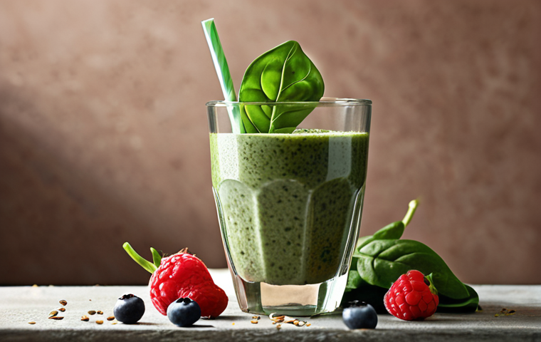 **A vibrant, low-calorie smoothie with spinach, flax seeds, and mixed berries in a clear glass, emphasizing its natural ingredients. Soft, diffused lighting to highlight the textures.**